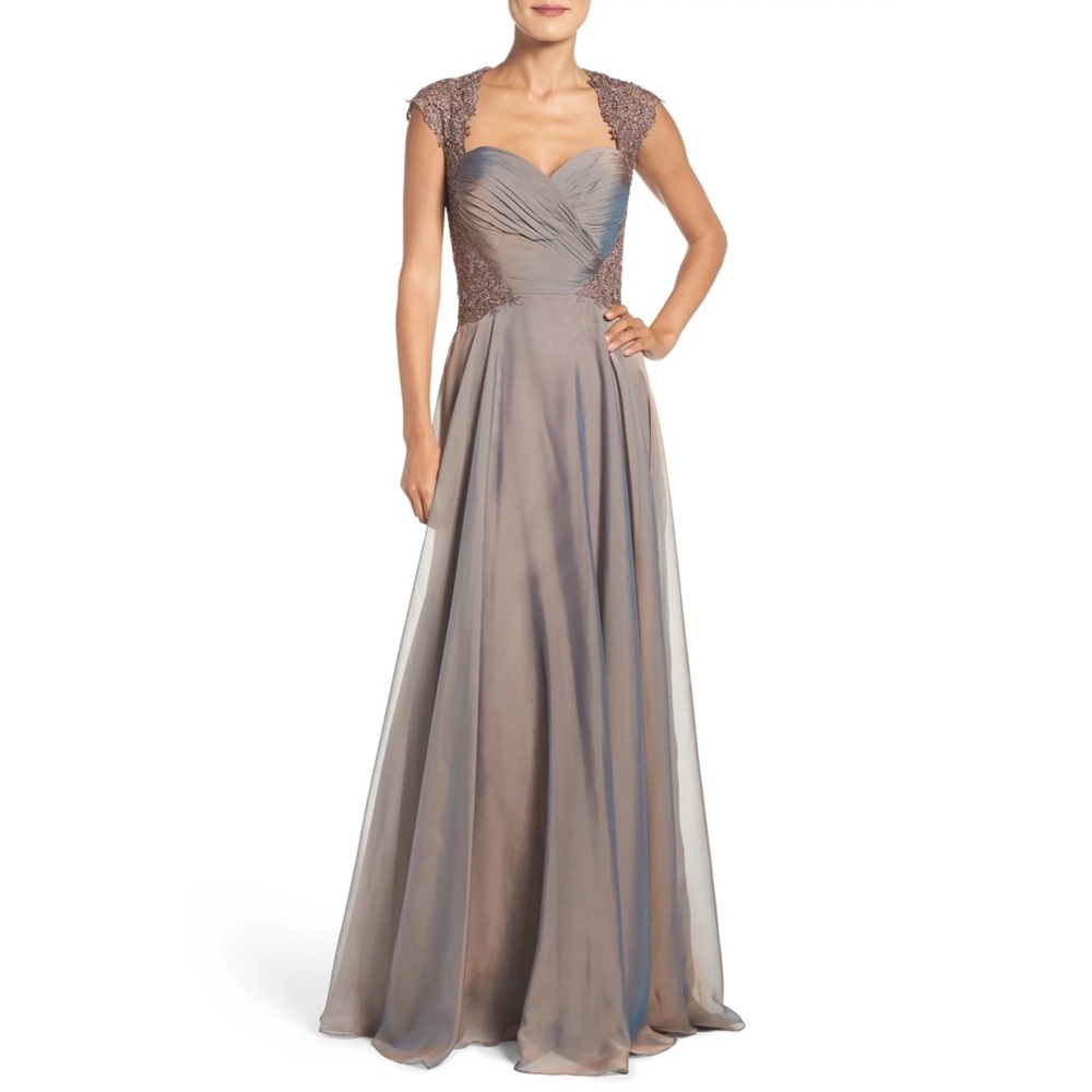 La Femme Cocoa Ruched Chiffon A-Line Sweetheart Cap Sleeve Formal Gown 14 NWT
